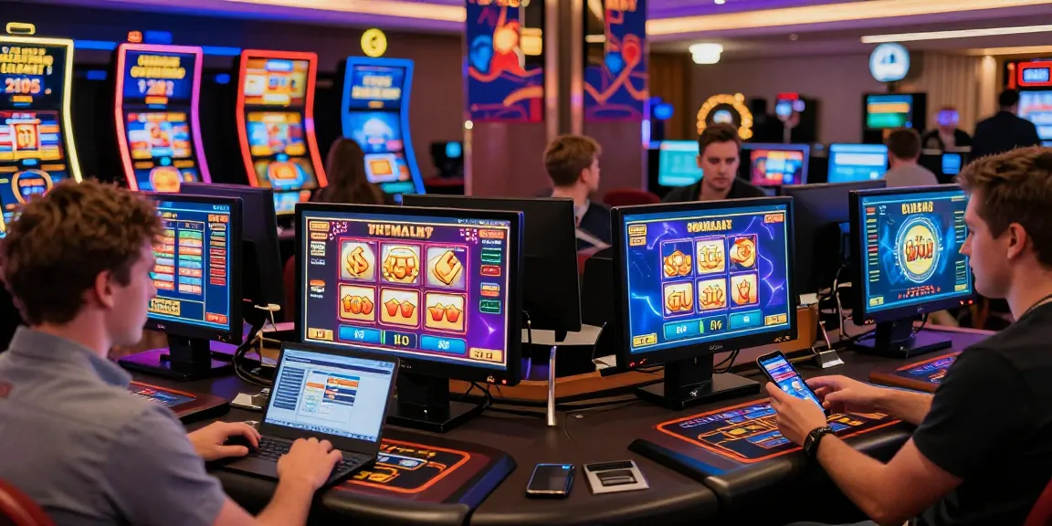 Engaged players enjoying new online casinos UK gameplay on various devices in a vibrant digital gaming atmosphere.