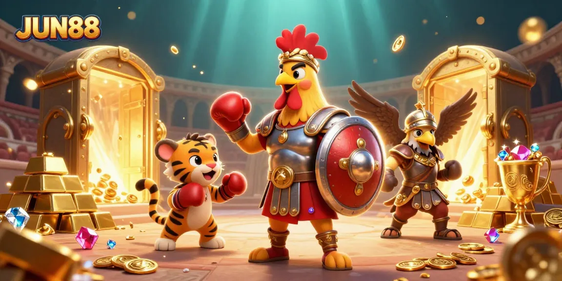 Engage in thrilling gameplay with JUN88, a vibrant scene featuring a gladiator rooster and treasures.