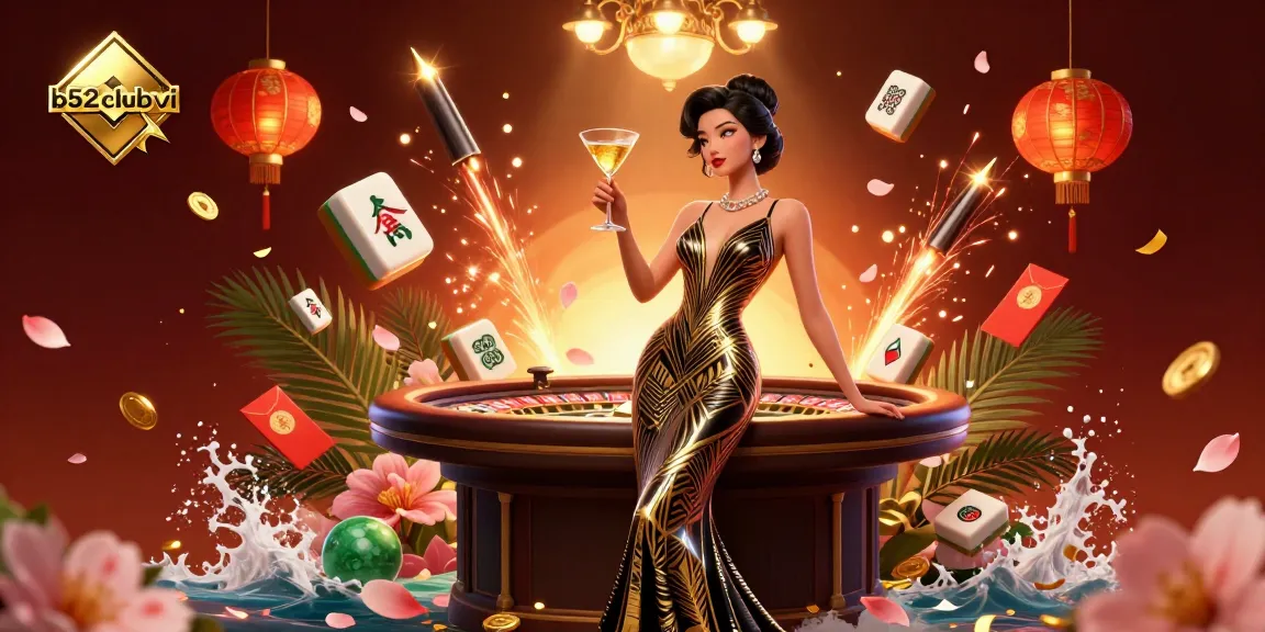 Experience excitement at b52clubvi with a glamorous depiction of an Asian woman at a casino, celebrating winning.