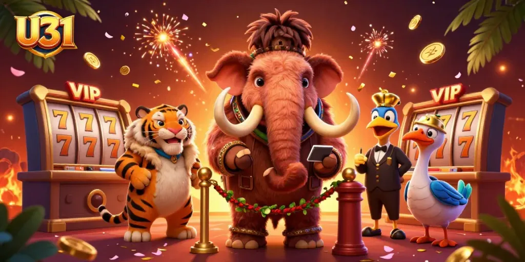 Engage with U31 in a vibrant 3D scene showcasing a woolly mammoth bouncer at a casino.