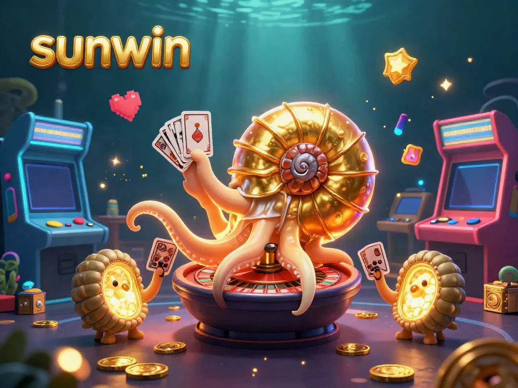 Engage in thrilling gaming action with sunwin featuring a giant nautilus roulette wheel and vibrant arcade elements.