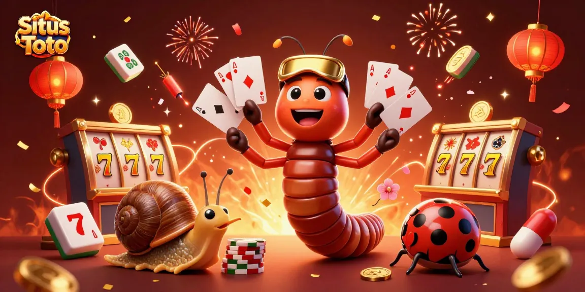 Situs Toto celebrates gaming fun with a dynamic scene of a cartoon dealer and high-rollers in 3D.