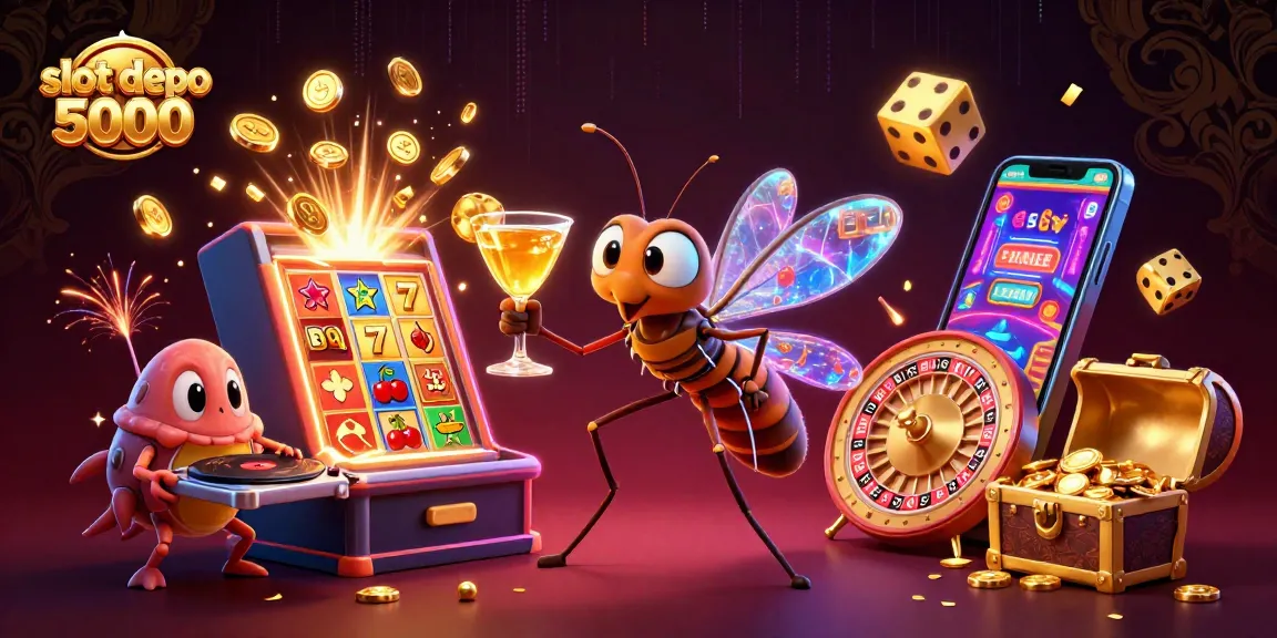 Experience the thrilling moments at slot depo 5000 with a vibrant 3D casino scene featuring unique characters and slot icons.