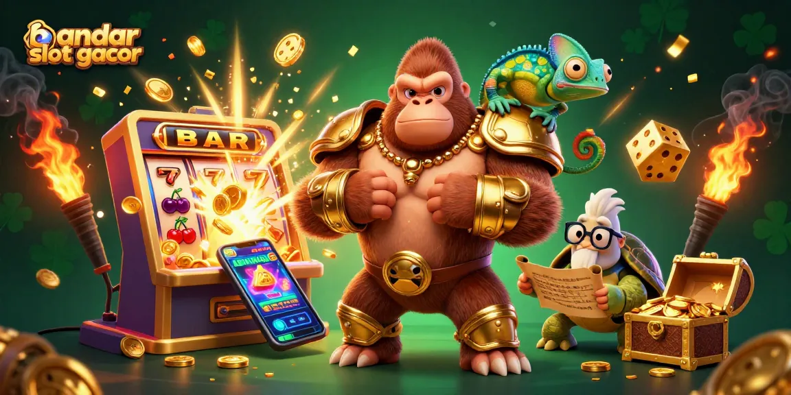 Experience excitement with bandar slot gacor as a gorilla king and wise tortoise celebrate a jackpot!