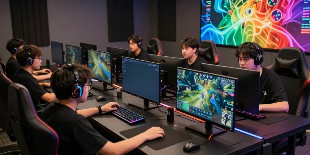 Engaged group of players in a modern gaming lounge focusing on the online game Singatoto.