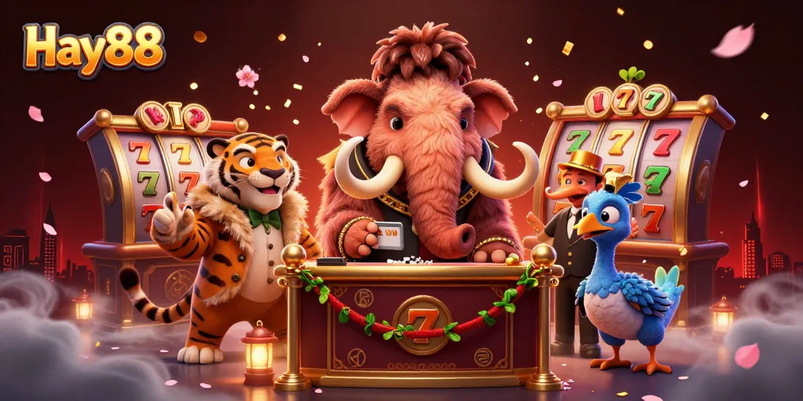 Hay88 illustrates an energetic scene with a woolly mammoth bouncer, a saber-tooth tiger VIP, and a dodo doorman amid vibrant casino elements.
