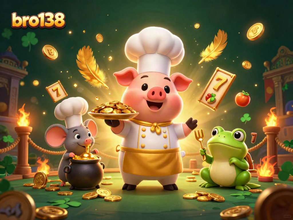 Spin to win with bro138 as a chef pig serves gold coins in a vibrant casino scene.