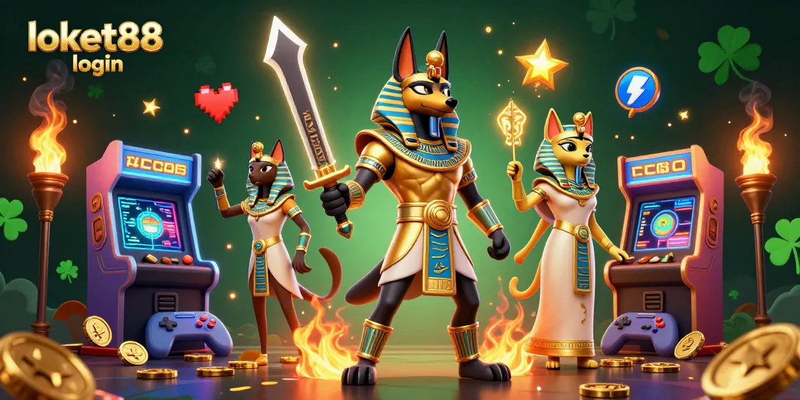 Engage with the loket88 login platform through a vibrant 3D casino scene featuring Anubis and Bastet amidst thrilling gaming elements.