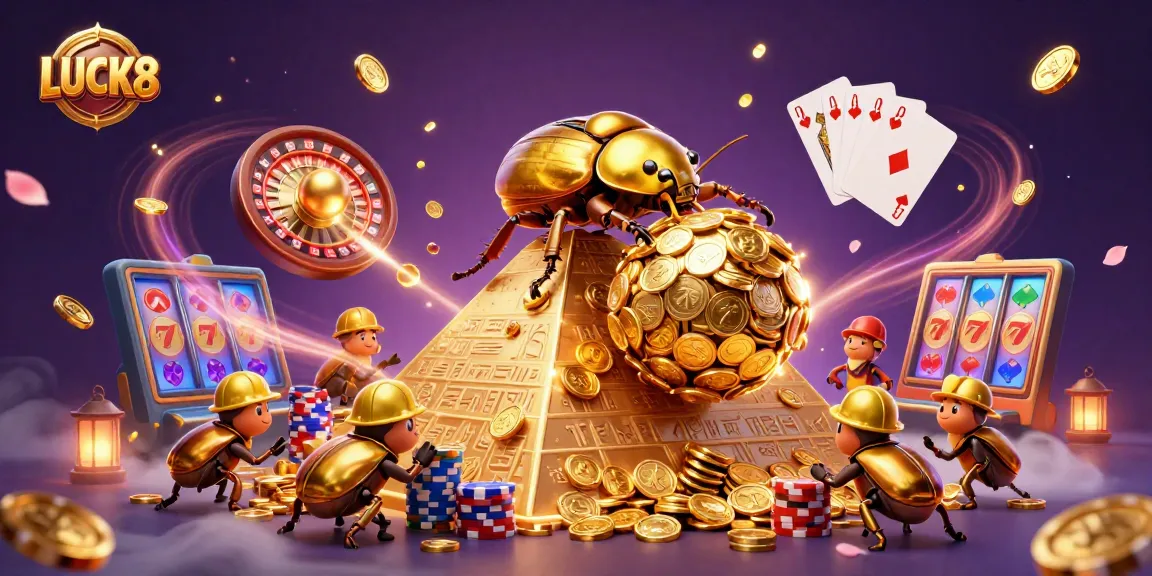 LUCK8 showcases a golden beetle rolling coins, embodying exciting gambling adventures with vibrant elements.