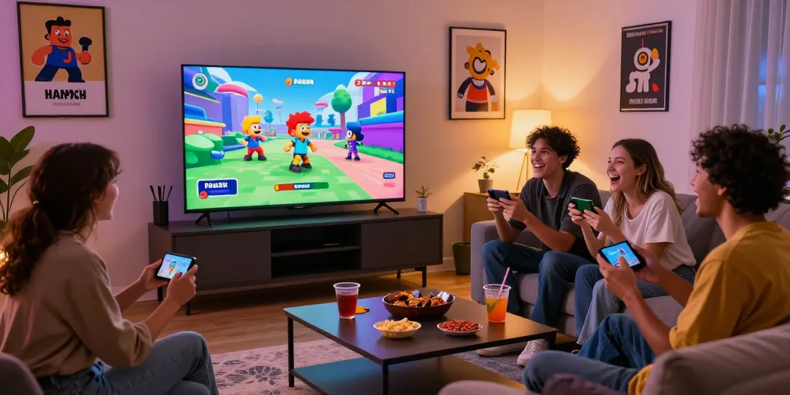 Group enjoying a game of smash or pass with AI-generated images in a cozy living room.