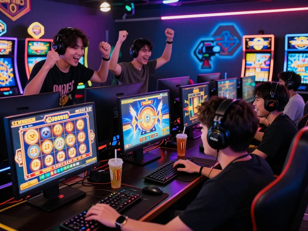 Aksi situs slot gacor dengan pemain yang bersemangat menikmati slot online di lingkungan permainan digital yang berwarna-warni