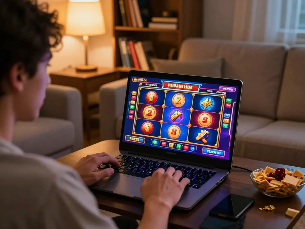 Player enjoying Bbet online casino gaming on a laptop in a cozy home setting with warm lighting.