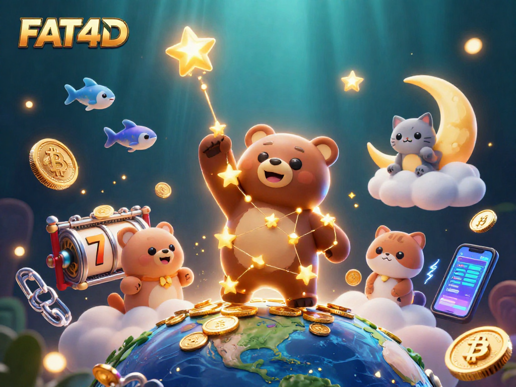 Engage with FAT4D's dynamic slot gaming scene featuring cartoon characters and neon cryptocurrency elements.