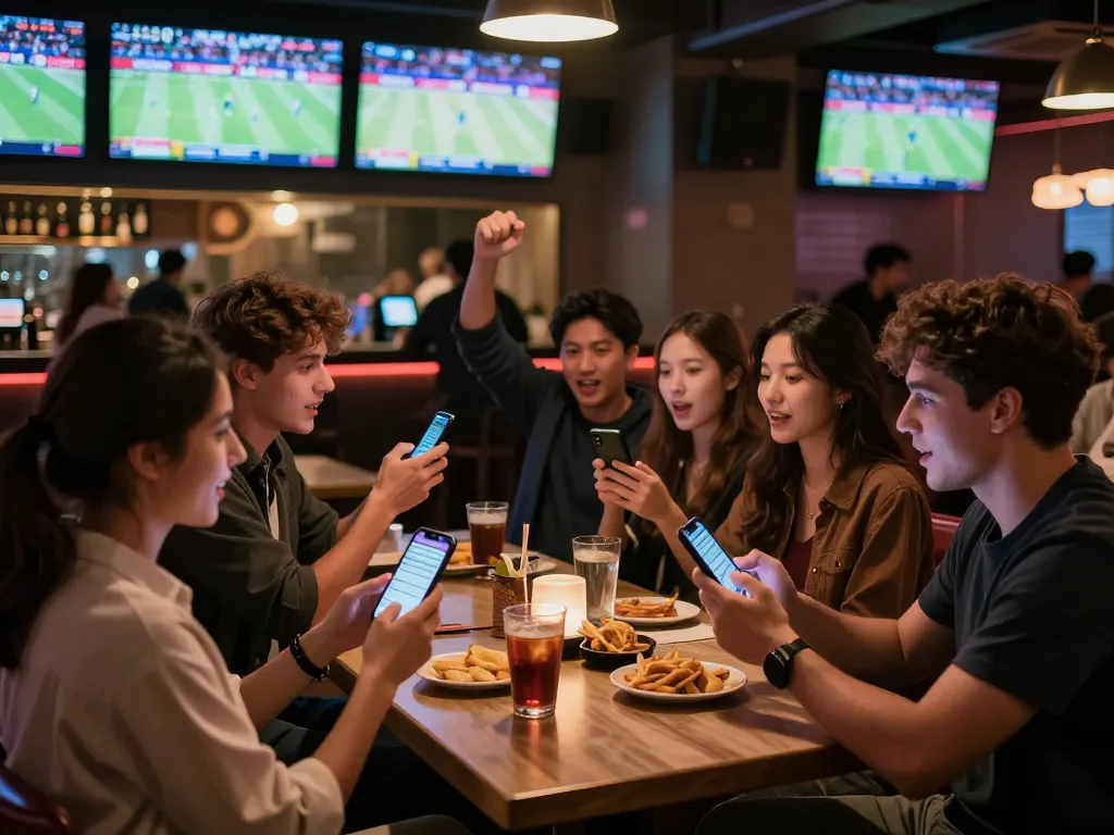 BONGDALU sports enthusiasts engaging in exciting live betting during a key game in a vibrant bar setting