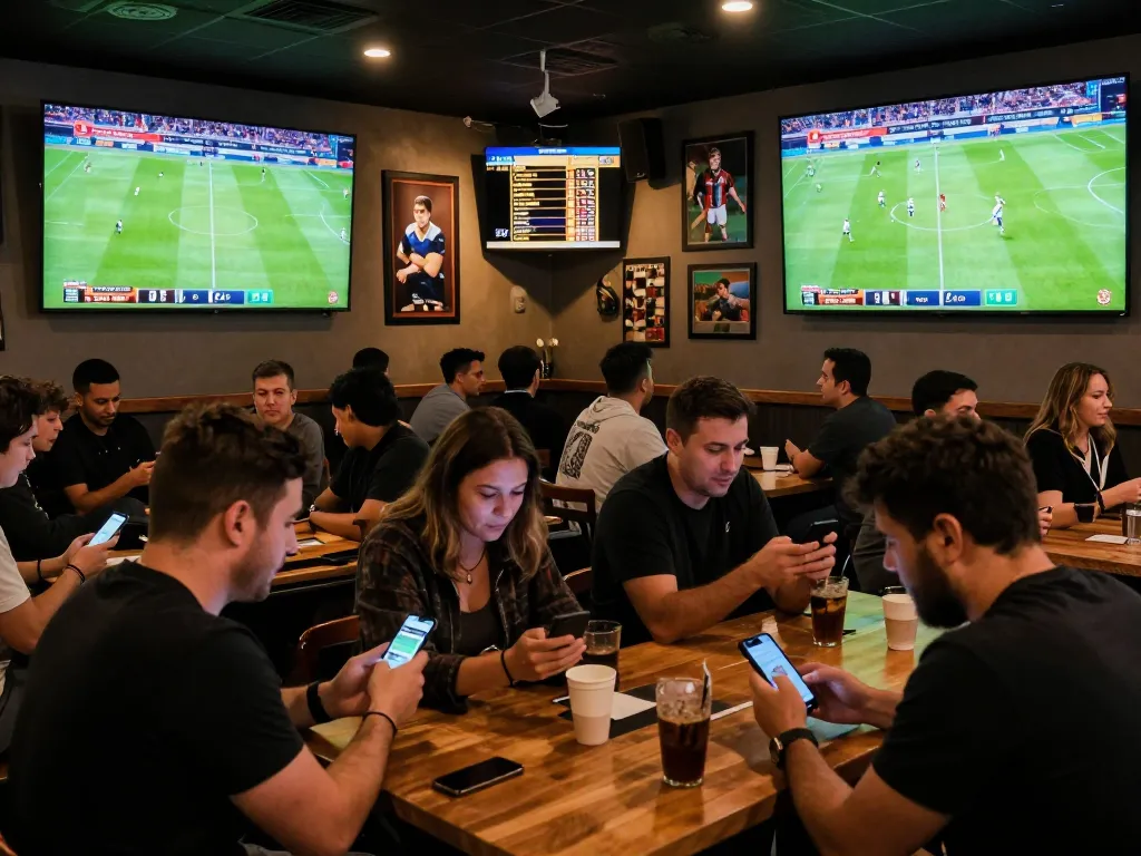 Engaging scene of sports enthusiasts using nowgoal betting apps while cheering for teams in a lively bar atmosphere