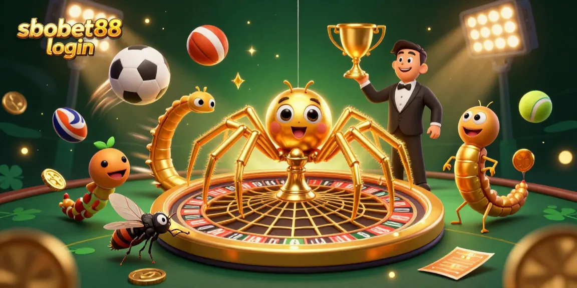 Experience sbobet88 login with a colorful 3D cartoon scene of a spider, fly, and centipede in a thrilling gaming atmosphere.