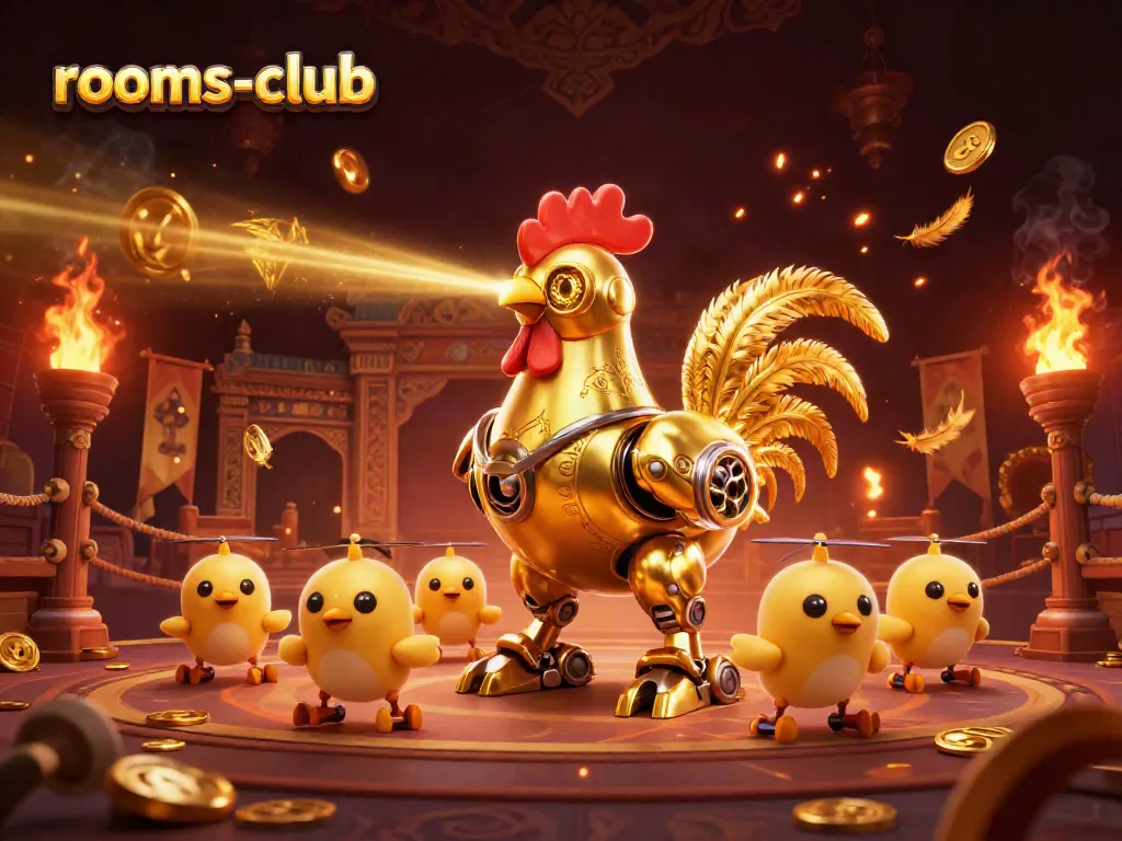 Slot online menarik di rooms-club dengan karakter robot berwarna emas dan drone ayam yang menawan.