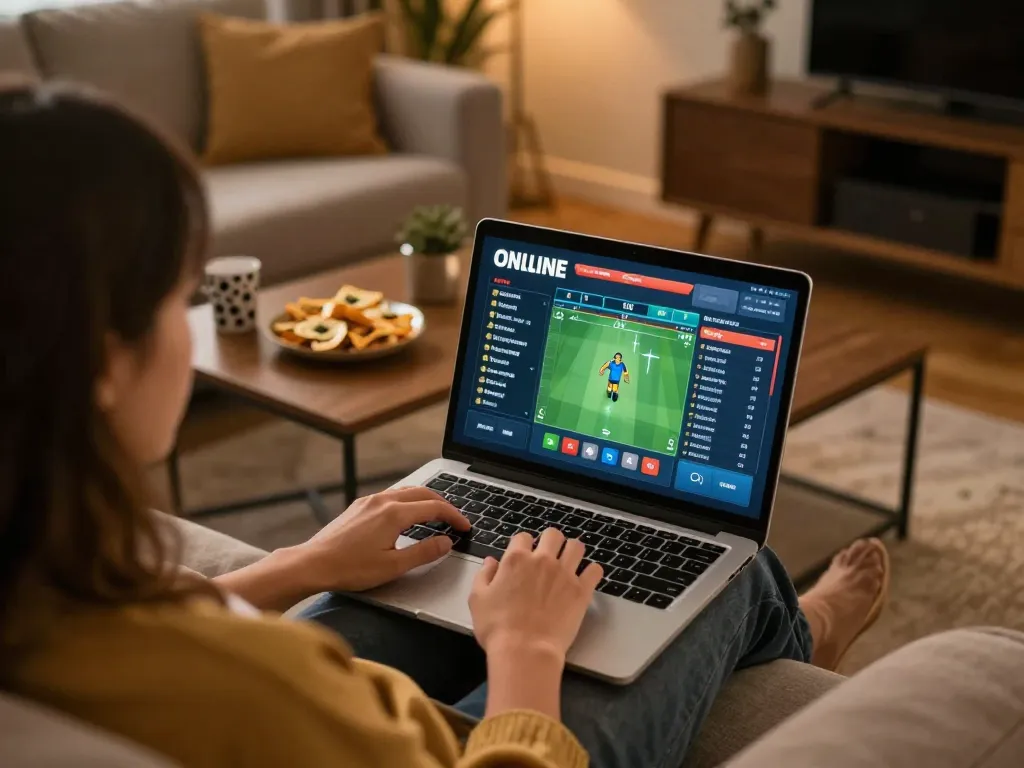 Engaging in online sports betting at home, showcasing luongsontv and a cozy setup.