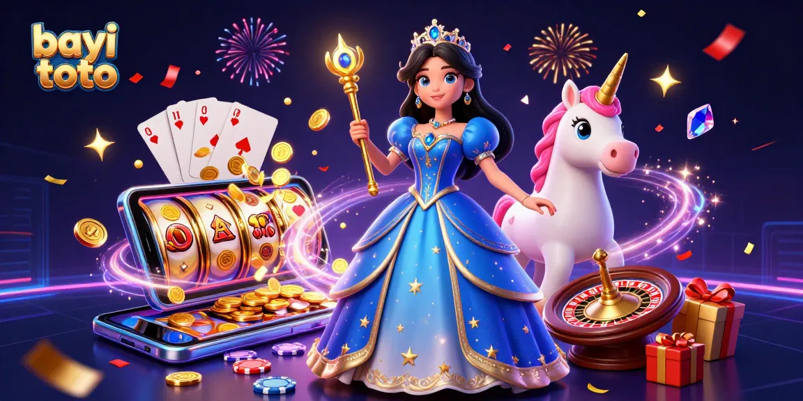 Experience the magic of bayi toto as a stunning woman in a blue gown and unicorn bring vibrant casino games to life.
