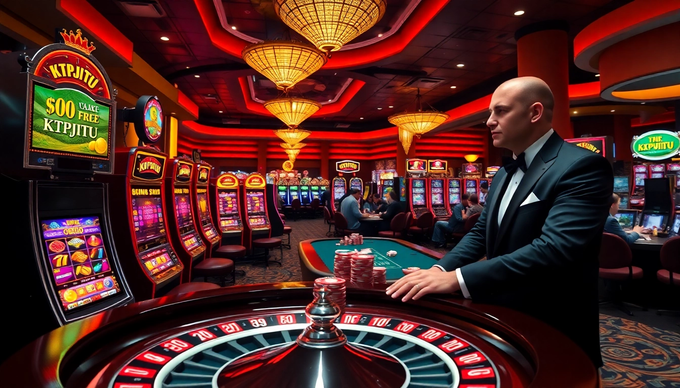 KTPJITU casino scene showcasing vibrant slot machines, poker tables, and roulette action.