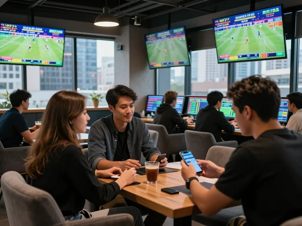 UU88 bettors placing strategic wagers in a lively sports lounge with multiple screens.