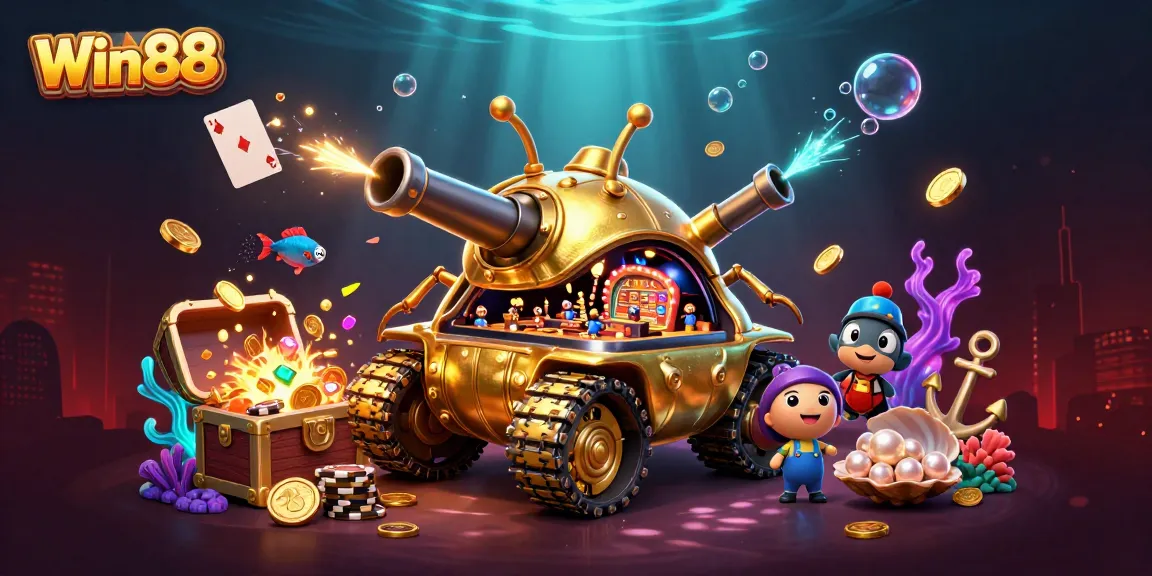 Experience the excitement of Win88 with a vibrant 3D casino scene featuring a unique beetle tank.