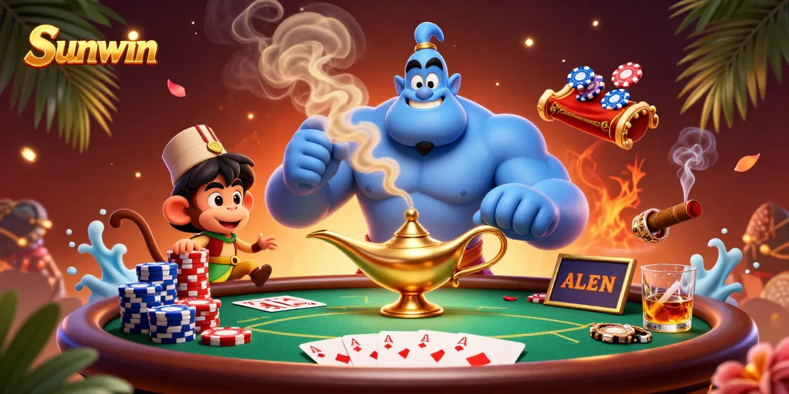Sunwin engages players in an exciting casino scene with a genie, poker chips, and vibrant game elements.
