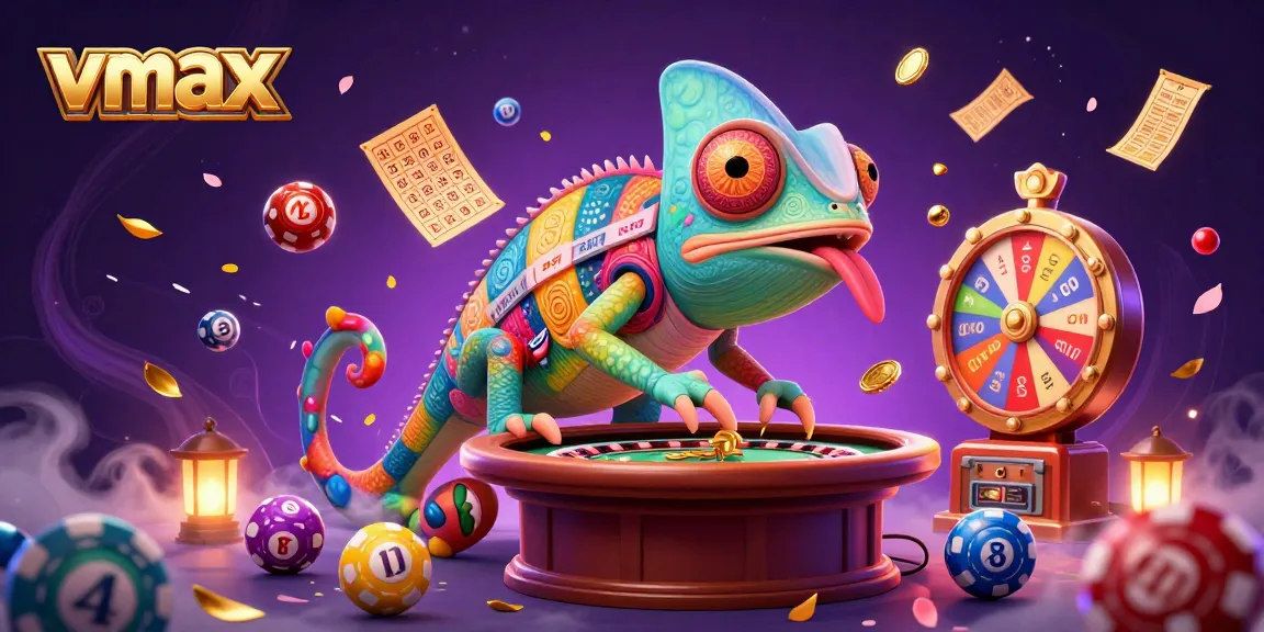 Experience vmax casino action with a colorful chameleon owner amidst dynamic gaming elements.
