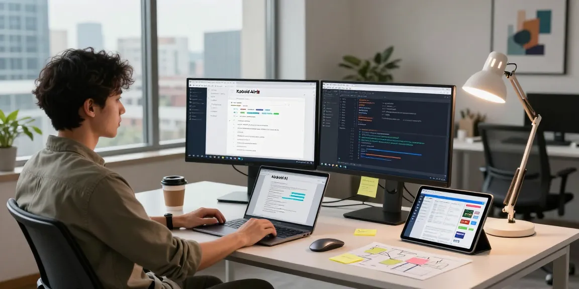 Dynamic workspace showcasing Kobold AI development with dual monitors, coding environment, and modern office setup.