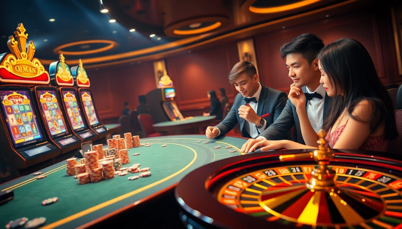 Experience thrilling gameplay with QQMacan as players engage at vibrant slot machines and casino tables.
