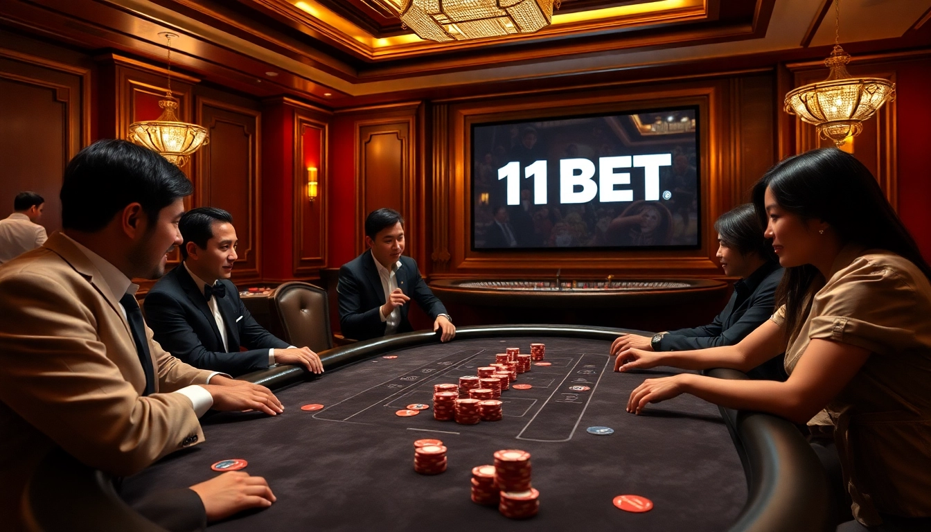 Experience the thrill of 11BET with a luxury casino setup and poker action.