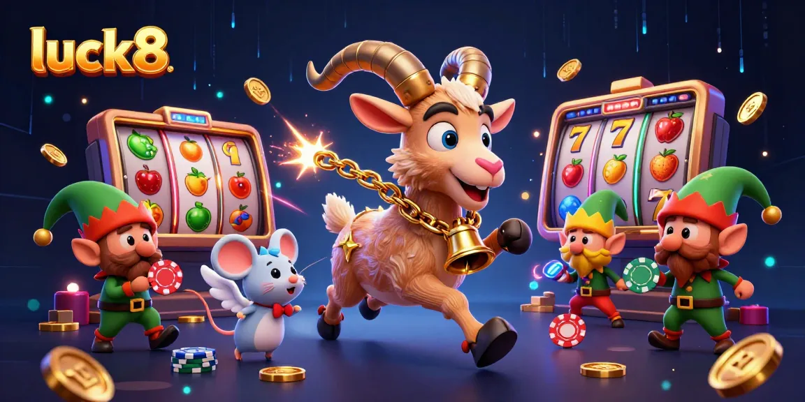 Experience the fun at luck8 casino with Krampus and elves in a lively scene full of slot reels.