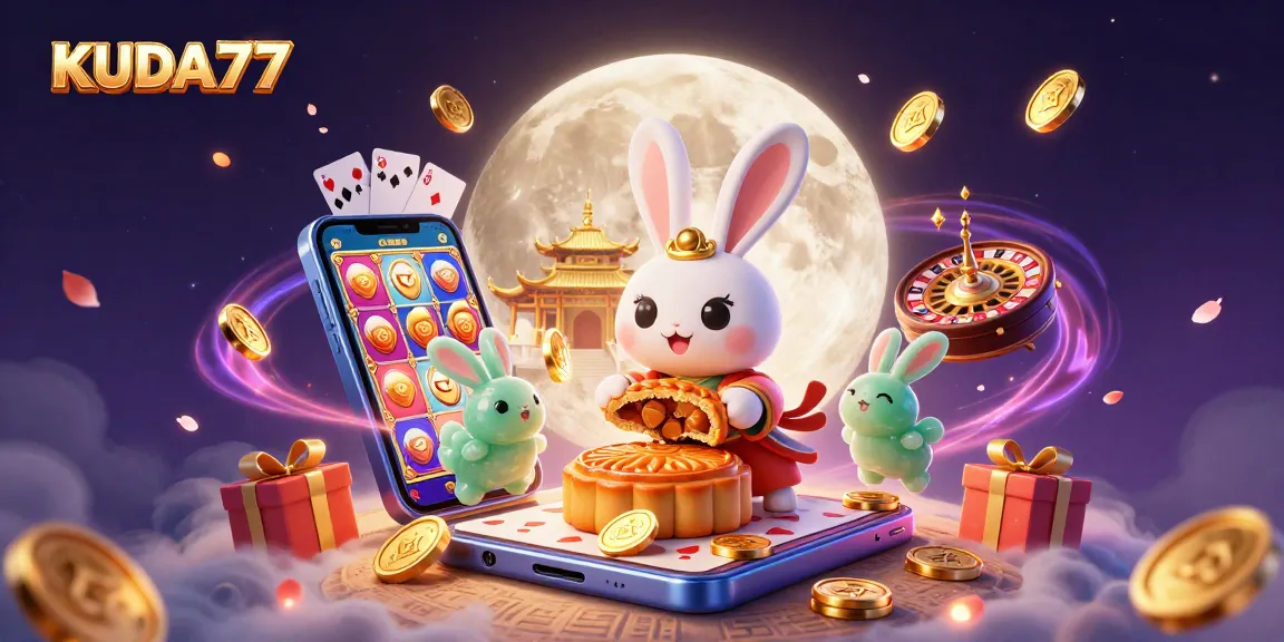 KUDA77 menghadirkan ilustrasi kasino unik dengan kelinci bulan dan permainan slot yang memikat.