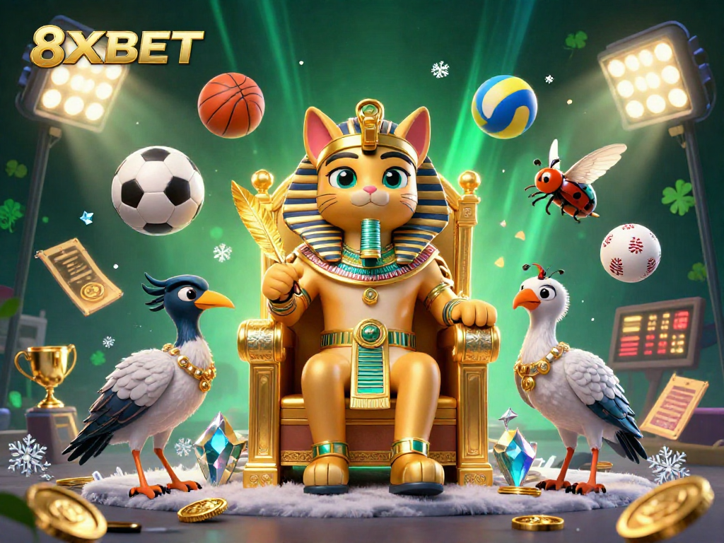 Engage in thrilling sports betting excitement with 8XBET's animated dynamic scene featuring golden trophies and balls.