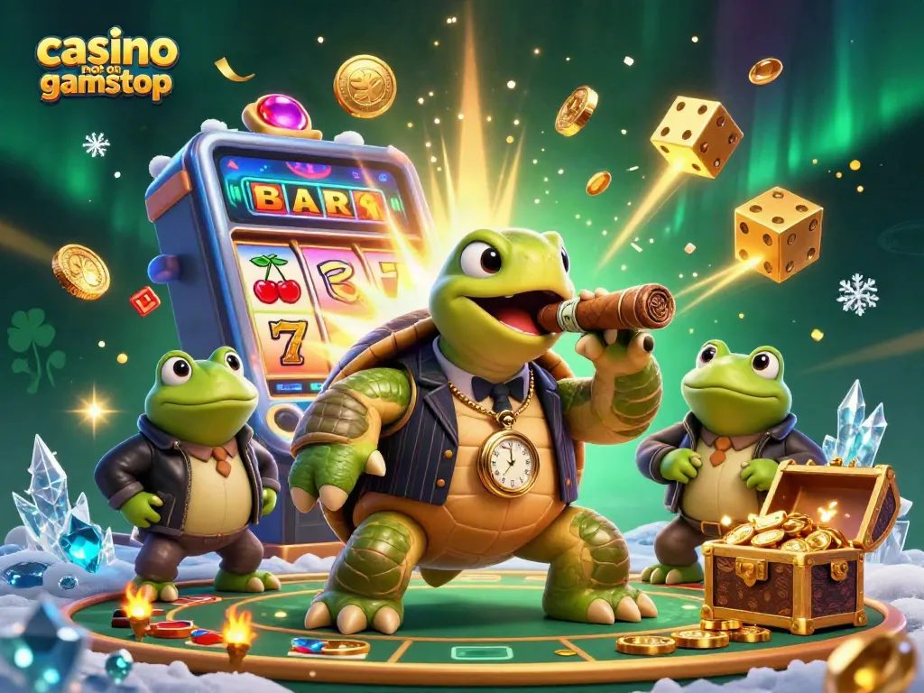 Experience casino not on gamstop with a vibrant scene featuring a cartoon turtle in mobster attire.