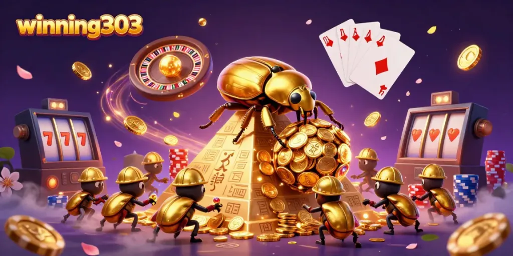 Experience winning303 action with a golden dung beetle rolling coins and vibrant casino elements.