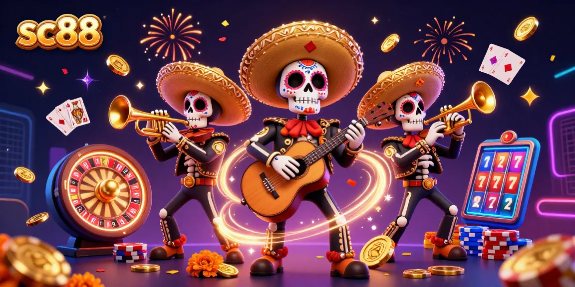sc88 showcases a vibrant Dia de los Muertos mariachi band celebrating with gaming elements.