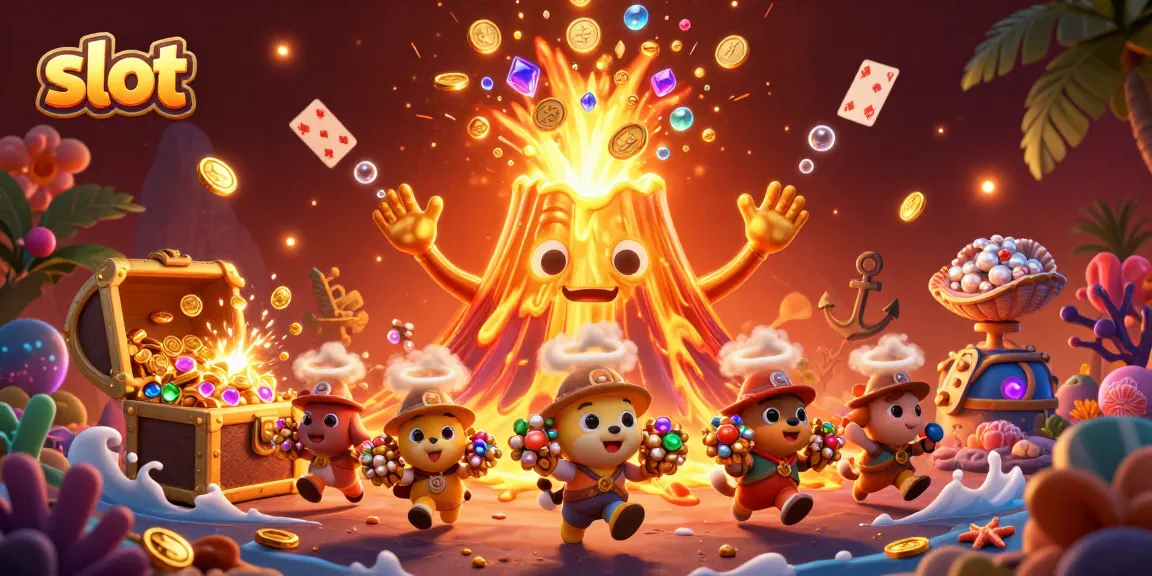 Spin and win at slot games featuring a golden volcano and colorful treasures in a dynamic scene.