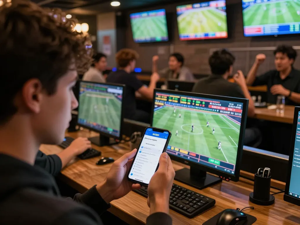 Engaging live sports betting scene on Net88 app in a vibrant sports bar atmosphere