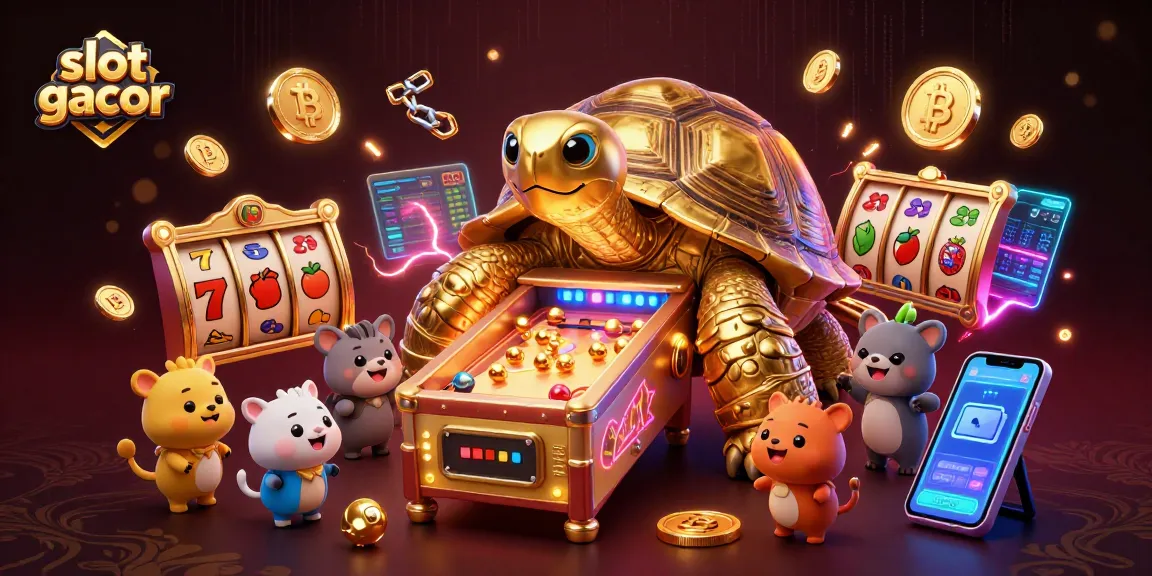 Putar slot gacor dengan simbol keberuntungan dalam ilustrasi kasino digital berwarna-warni yang dinamis.
