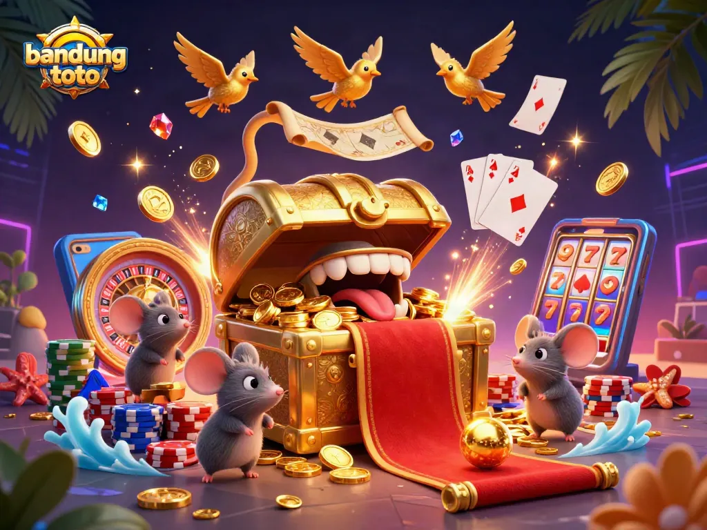 Play exciting games with bandungtoto at this vibrant casino scene featuring treasure chests and animated coins.