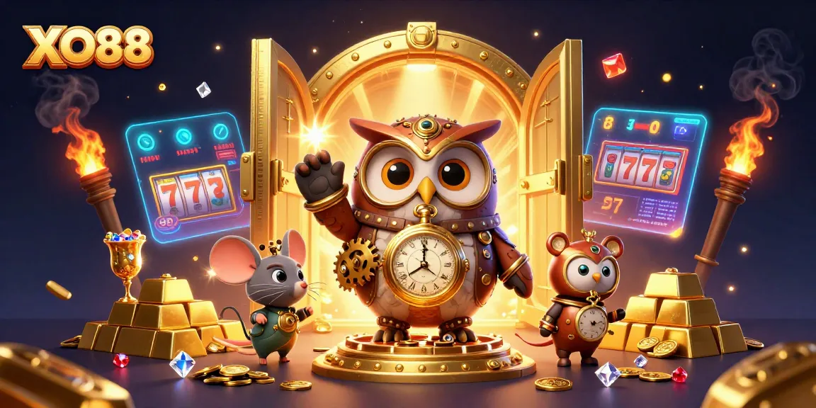 Experience the excitement of XO88 with 3D cartoon characters and casino treasures in a vibrant illustration.