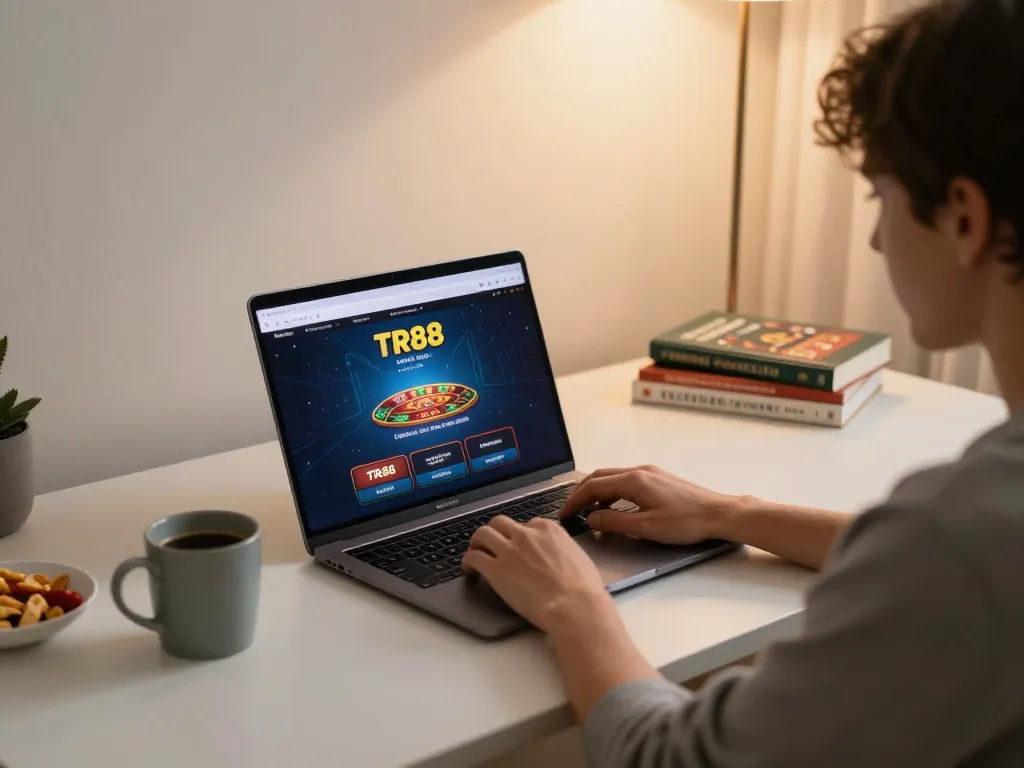Engaging with TR88 link for online gaming while enjoying a cozy home setup with snacks.