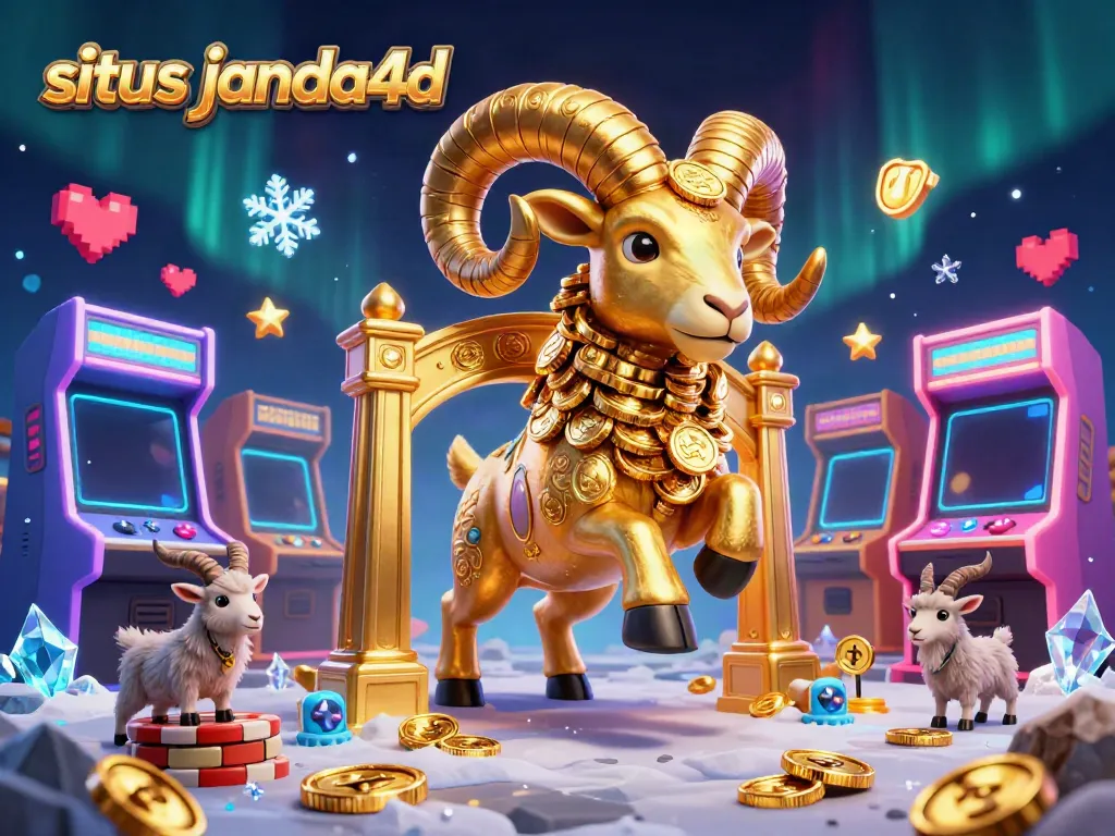 Gambaran kasino situs janda4d dengan domba emas dan mesin permainan berwarna-warni.