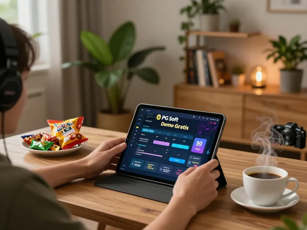 Bermain PG Soft Demo Gratis di tablet dalam suasana rumah yang nyaman dengan camilan.