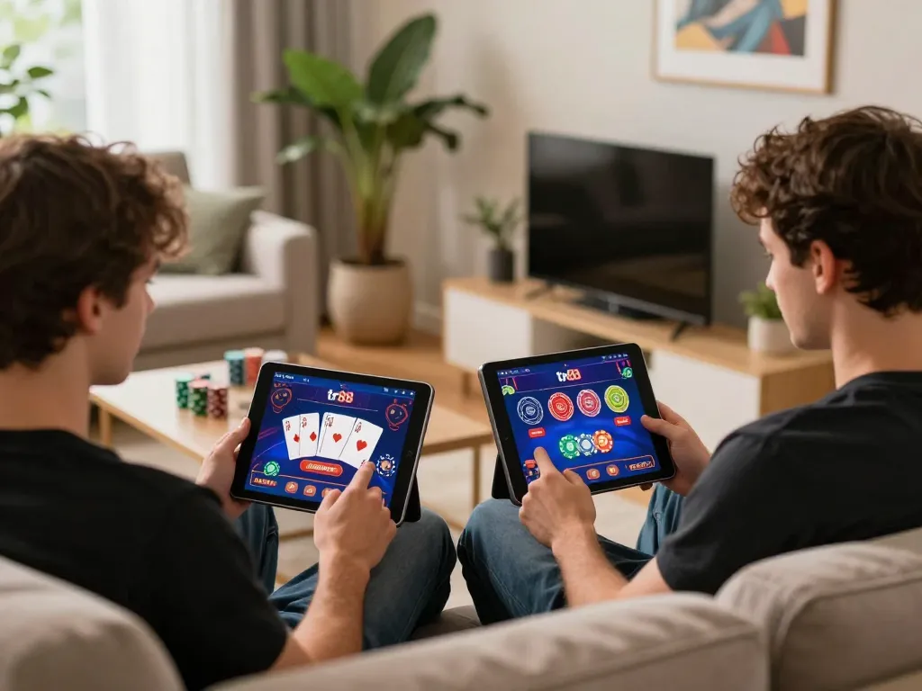 Engaging gameplay on tr88 casino app in a cozy home setup, showcasing a tablet, poker cards, and vibrant decor.