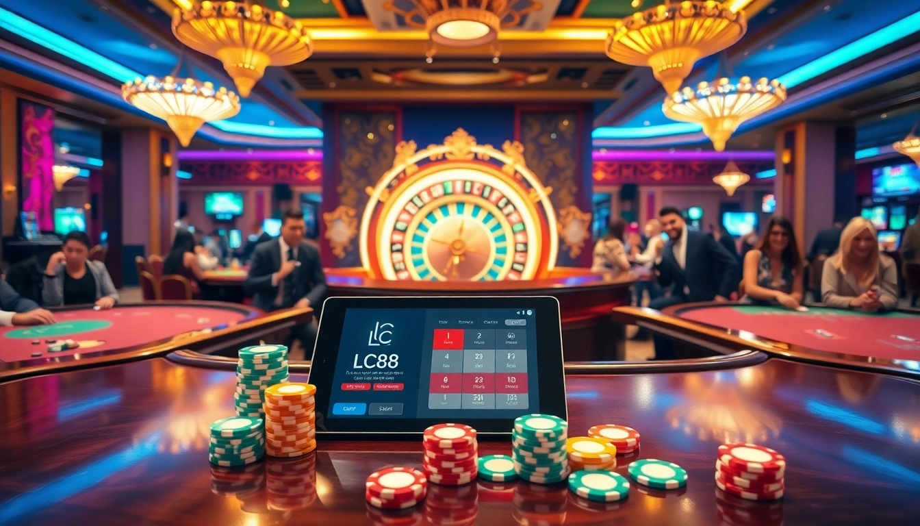 Experience the thrilling atmosphere of LC88 with vibrant casino tables and engaging gameplay.