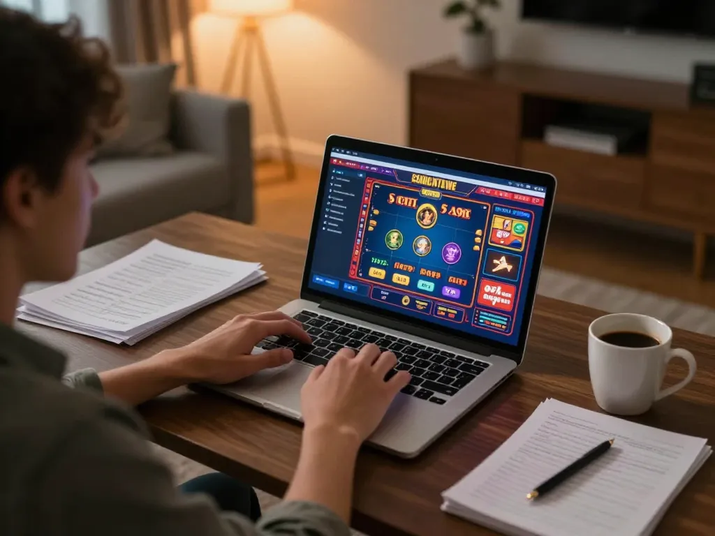 Engaged gamer using fly88mb for online casino slots with vibrant interface and strategy notes.
