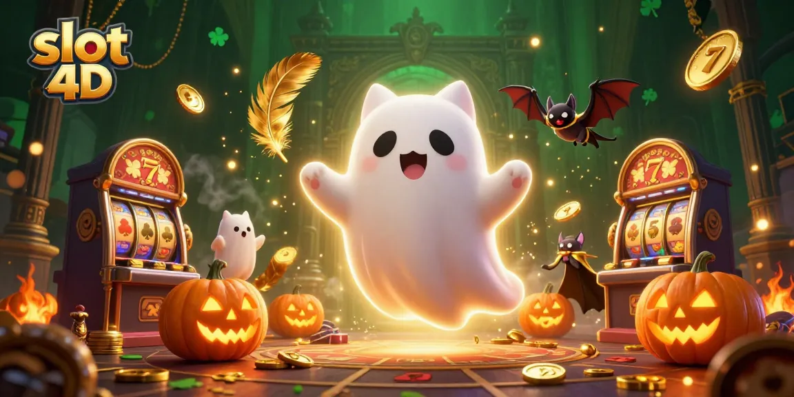 Experience the thrill of slot 4D with a playful ghost cat, glowing jack-o-lanterns, and dynamic casino elements.