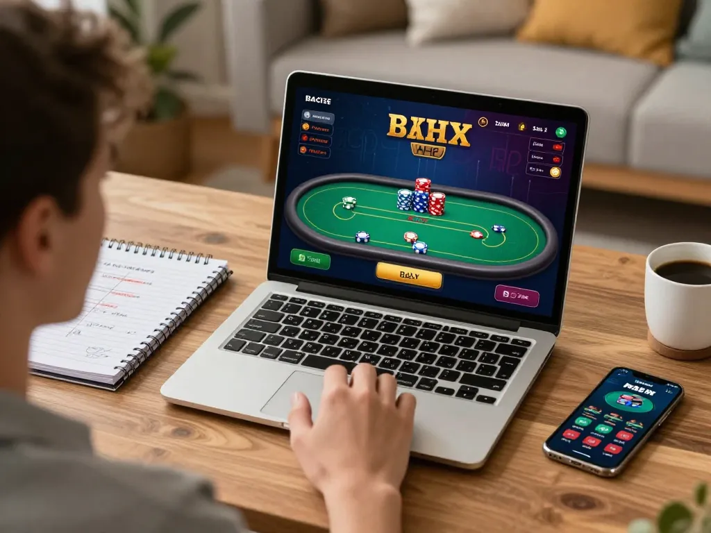 wstar77 poker player strategizing bets on a laptop in a cozy home setup